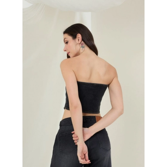 Generic Women's Denim Lycra Solid Sleeveless Top (Black)