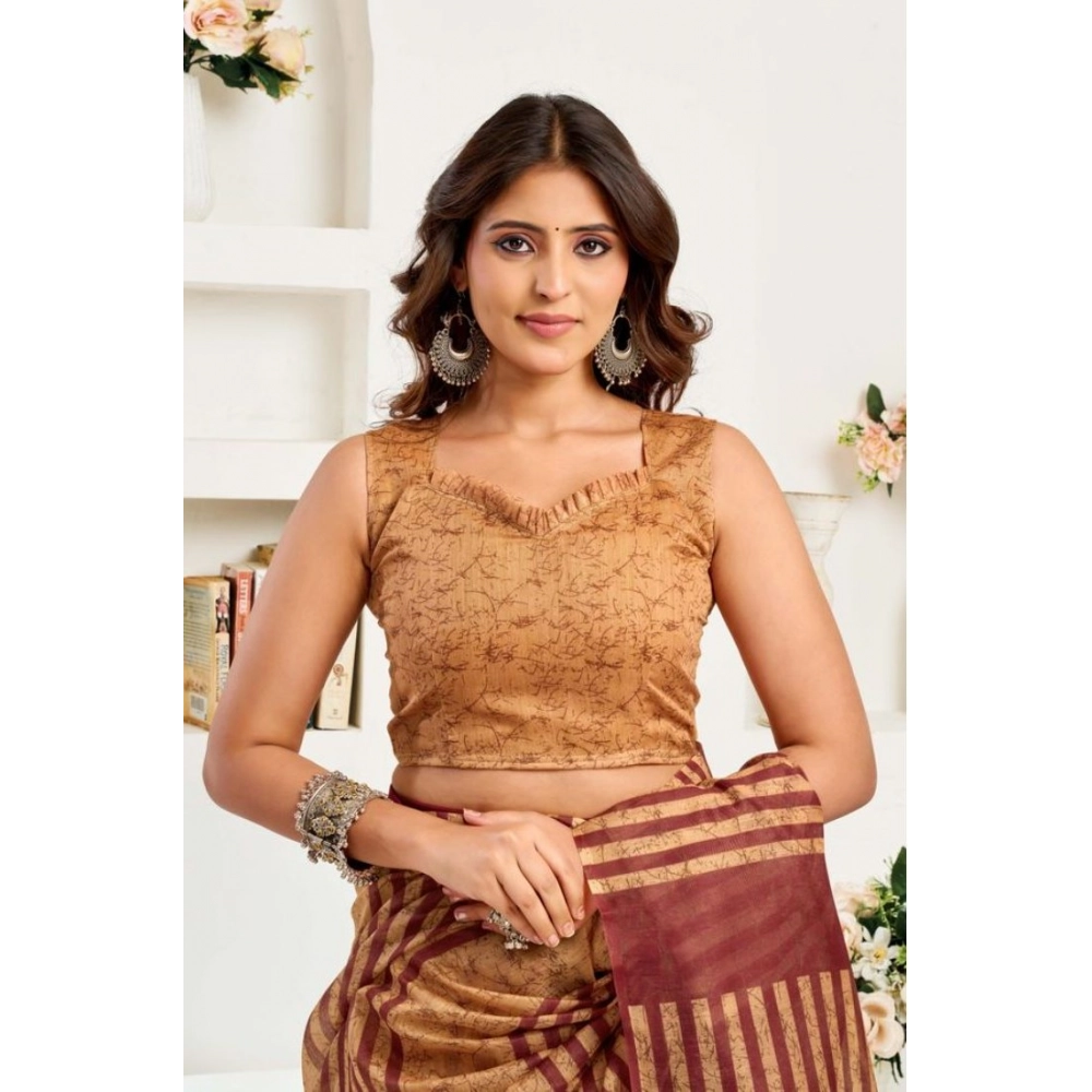 Women's Faux Linen Geometric Print Ready to wear Saree With Unstitched Blouse 5.5Mtr (Brown)