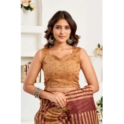 Generic Women's Faux Linen Geometric Print Ready to wear Saree With Unstitched Blouse 5.5Mtr (Brown)