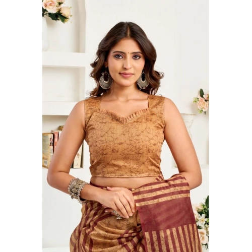 Generic Women's Faux Linen Geometric Print Ready to wear Saree With Unstitched Blouse 5.5Mtr (Brown)