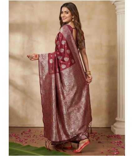 Generic Women's Silk Blend Printed Saree With Unstitched Blouse 5.5Mtr (Maroon)