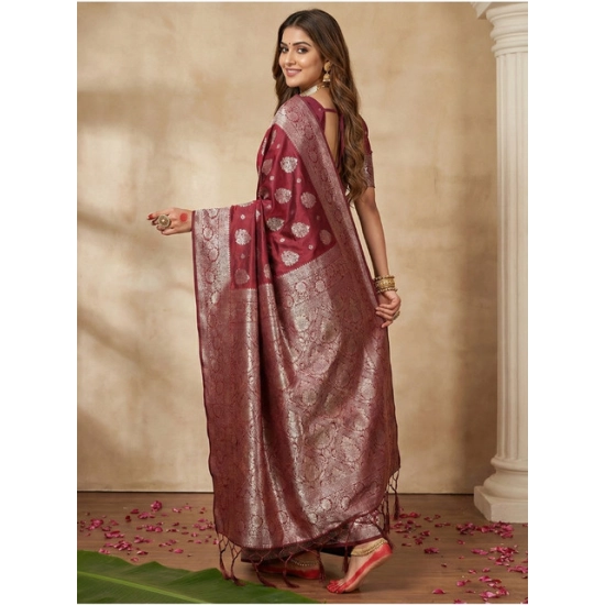 Generic Women's Silk Blend Printed Saree With Unstitched Blouse 5.5Mtr (Maroon)