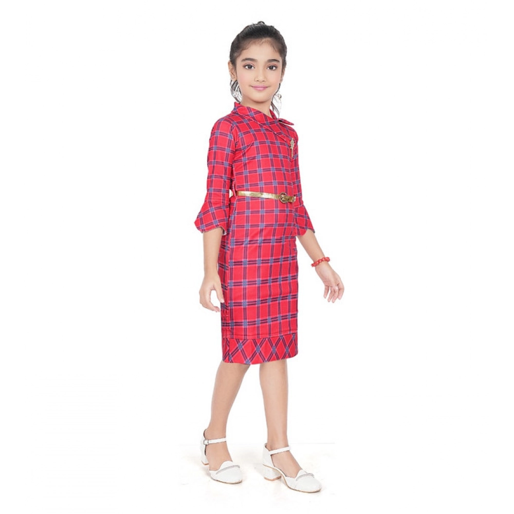 Generic Girl's Knitted Printed 3/4 th Sleeve Close Neck Dress (Pink)