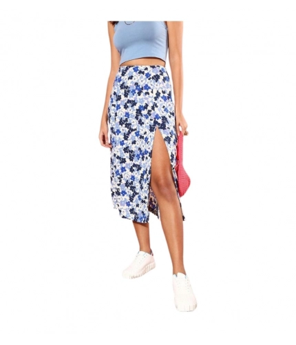 Generic Women's Polyester Floral Side Zip Skirt (Blue - White)