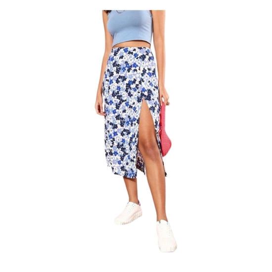 Generic Women's Polyester Floral Side Zip Skirt (Blue - White) Generic Women's Polyester Floral Side Zip Skirt (Blue - White)