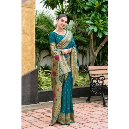 Women's Silk Blend Paithani Weaving Saree With Unstitched Blouse 5.5Mtr (Teal)