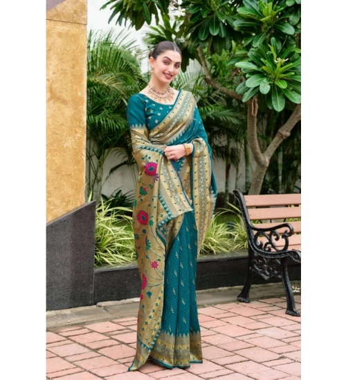 Generic Women's Silk Blend Paithani Weaving Saree With Unstitched Blouse 5.5Mtr (Teal)