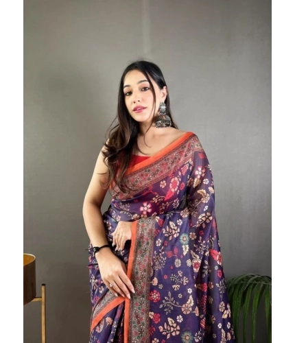 Generic Women's Linen Printed Saree With Unstitched Blouse 5.5Mtr (Blue)