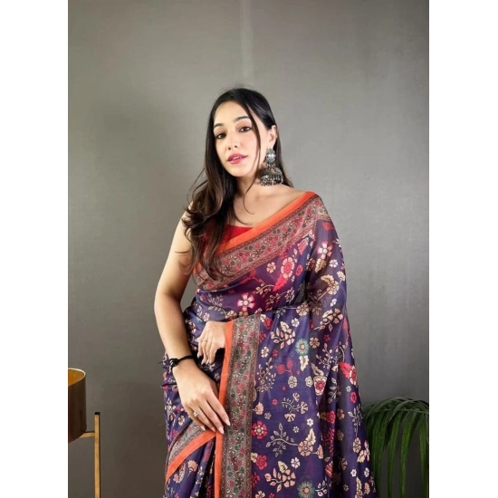 Generic Women's Linen Printed Saree With Unstitched Blouse 5.5Mtr (Blue)