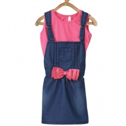 Generic Girl's Denim &amp; Cotton Bow Sleeveless Dungaree (Pink)