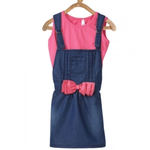 Generic Girl's Denim &amp; Cotton Bow Sleeveless Dungaree (Pink)