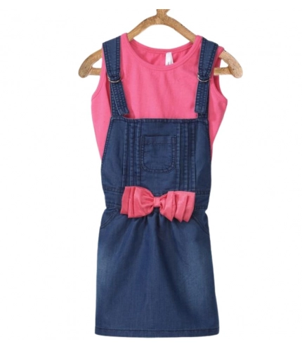 Generic Girl's Denim &amp; Cotton Bow Sleeveless Dungaree (Pink)