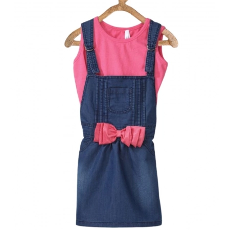 Generic Girl's Denim &amp; Cotton Bow Sleeveless Dungaree (Pink)