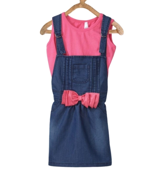 Generic Girl's Denim &amp; Cotton Bow Sleeveless Dungaree (Pink)