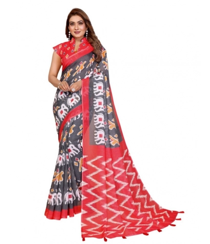Generic Women's Linen Cotton Printed Saree With Unstitched Blouse 5.5Mtr (Grey)