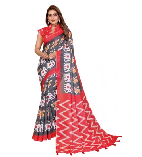 Generic Women's Linen Cotton Printed Saree With Unstitched Blouse 5.5Mtr (Grey)