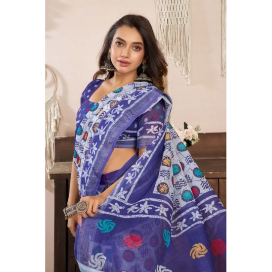 Generic Women's Linen Cotton Printed Ready To Wear Saree With Unstitched Blouse 5.5 Mtr (Blue)