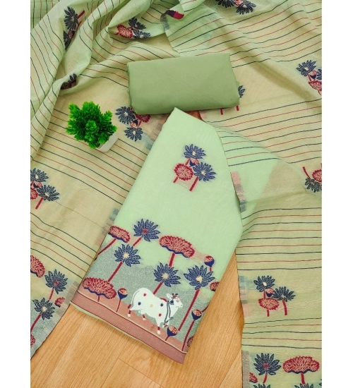 Generic Women's Banarasi Silk Printed Unstitched Salwar Suit Material With Dupatta (Pista, 3Mtrs)