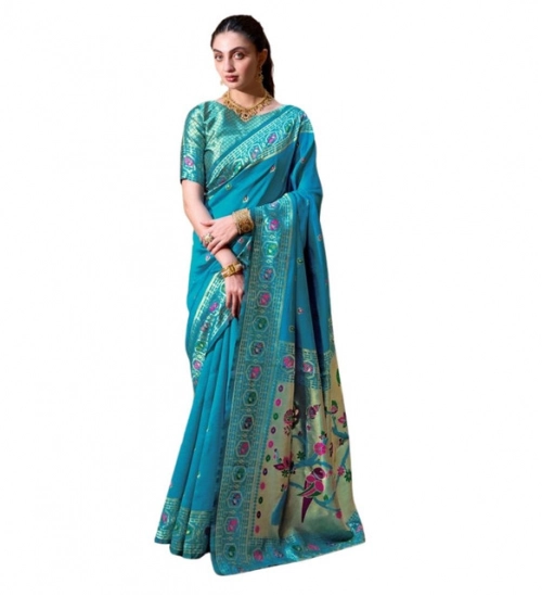 Generic Women's Silk Blend Paithani Weaving Saree With Unstitched Blouse 5.5Mtr (Rama)
