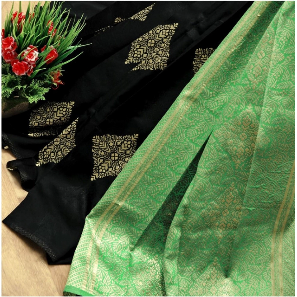 Generic Women's Soft Litchi Silk Jacquard Work Saree With Unstitched Blouse 5.5Mtr (Black)