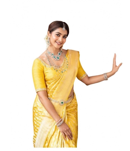 Generic Women's Soft Lichi Silk Printed Saree With Unstitched Blouse 5.5Mtr (Yellow)