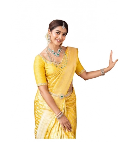 Generic Women's Soft Lichi Silk Printed Saree With Unstitched Blouse 5.5Mtr (Yellow)