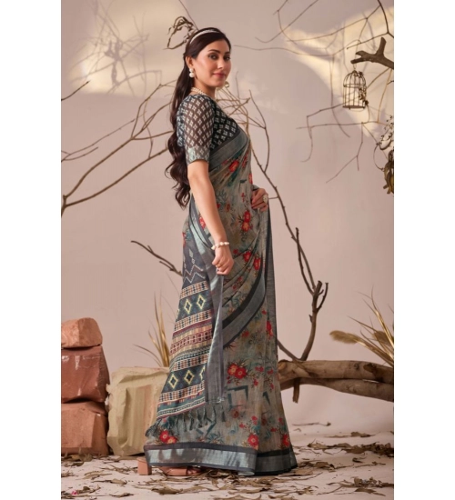 Generic Women's Faux_Linen Printed Saree With Unstitched Blouse 5.5Mtr (Light_Grey)