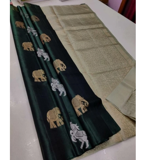 Generic Women's Litchi silk Printed Saree With Unstitched Blouse (Green)