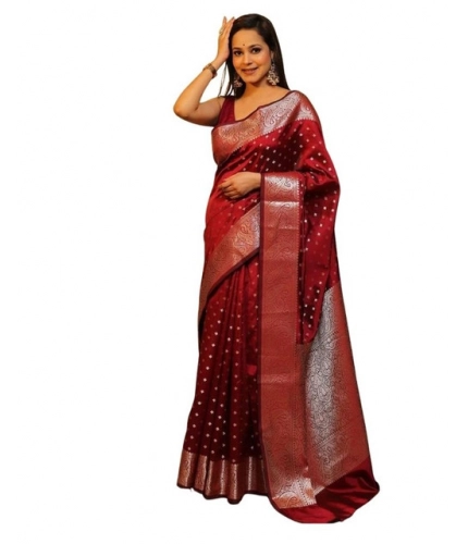 Generic Women's Soft Lichi Silk Printed Saree With Unstitched Blouse 5.5Mtr (Maroon)
