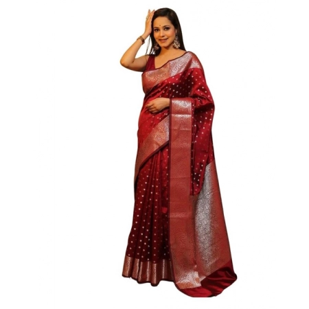 Generic Women's Soft Lichi Silk Printed Saree With Unstitched Blouse 5.5Mtr (Maroon)