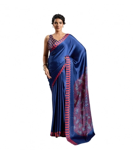 Generic Women's Satin Crepe Printed Saree With Unstitched Blouse 5.5Mtr (Blue)