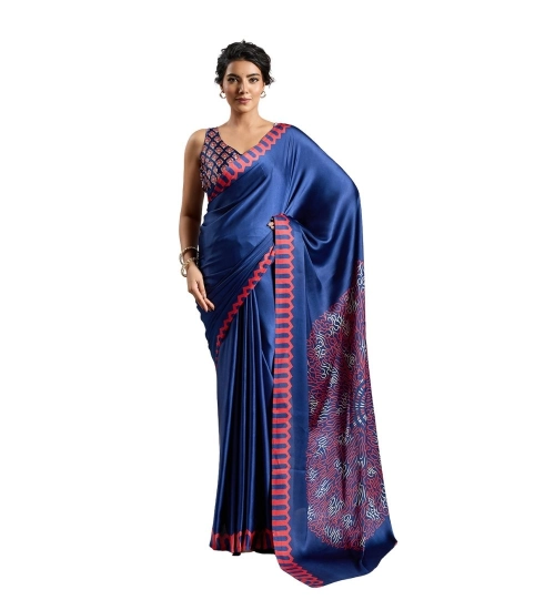 Generic Women's Satin Crepe Printed Saree With Unstitched Blouse 5.5Mtr (Blue)