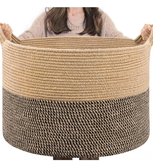 Generic Cotton Pack Of_1 16x14 Inch Storage Basket For Clothes With Out Lid (Beige-Beige-Black)