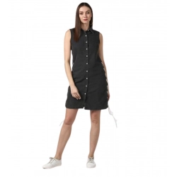 Generic Women's Denim Solid Sleeveless Dress (Black)