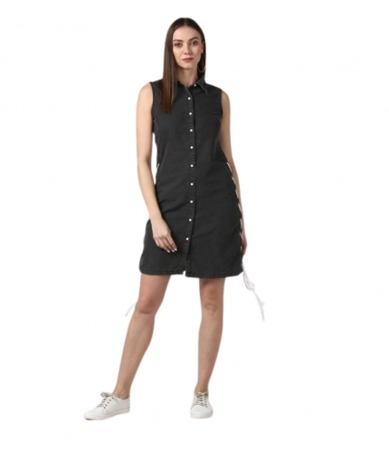 Generic Women's Denim Solid Sleeveless Dress (Black)