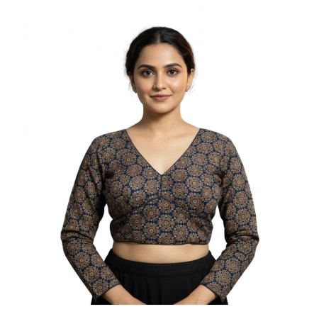 Generic Women's Ajrakh Cotton Halter Neck Padded Blouse (Navy, 38 Ready Size (Self-Alterable 36–40)