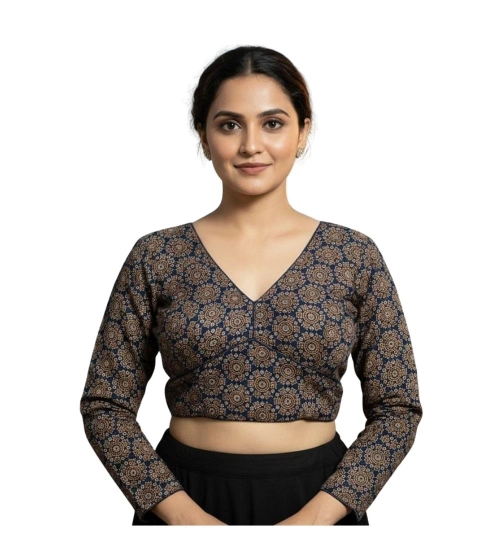 Generic Women's Ajrakh Cotton Halter Neck Padded Blouse (Navy, 38 Ready Size (Self-Alterable 36–40)