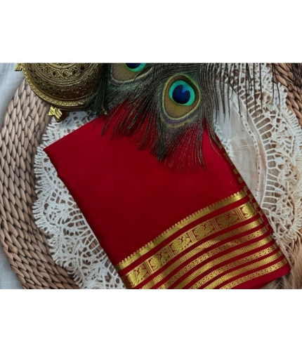 Generic Women's Crepe Chit Pallu Solid Saree With Unstitched Blouse 5.5Mtr (Red)