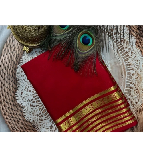 Generic Women's Crepe Chit Pallu Solid Saree With Unstitched Blouse 5.5Mtr (Red)