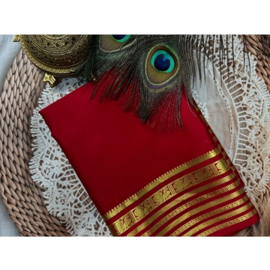 Generic Women's Crepe Chit Pallu Solid Saree With Unstitched Blouse 5.5Mtr (Red)