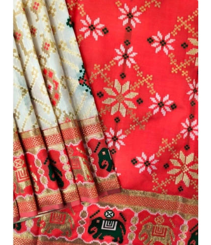Generic Women's Patola Silk Meena And Zari Woven Saree With Unstitched Blouse 5.5Mtr (White)