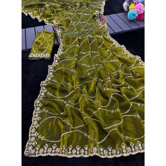 Generic Women's Slik Embellished Saree With Unstitched Blouse 5.5Mtr (Mehendi-Green)