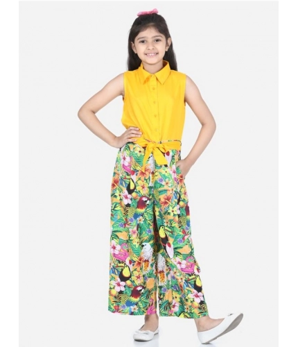Generic Girl's Rayon Flamingo Print Sleeveless Jumpsuit (Yellow-Multicolor)