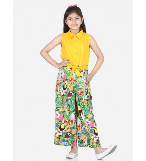 Generic Girl's Rayon Flamingo Print Sleeveless Jumpsuit (Yellow-Multicolor)