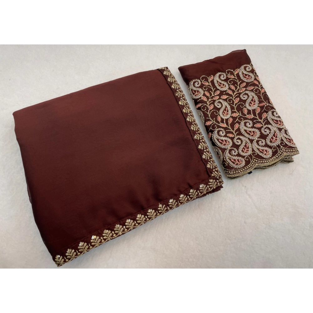 Generic Women's Chiffon Embroidered Saree With Unstitched Blouse 5.5Mtr�(Brown)