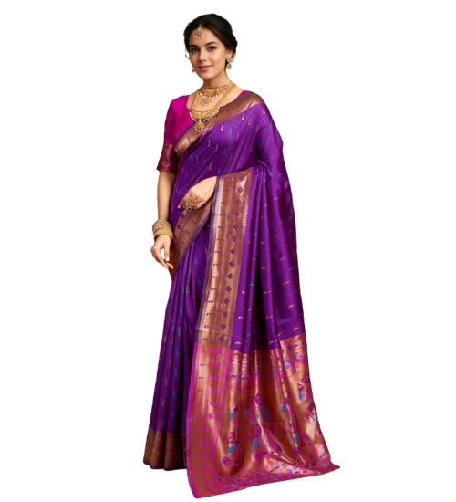 Generic Women's Silk Blend Zari Woven Saree With Unstitched Blouse 5.5Mtr (Purple)