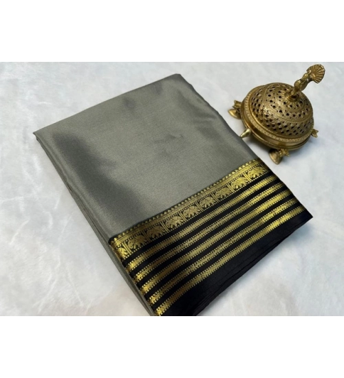 Generic Women's Crepe Chit Pallu Solid Saree With Unstitched Blouse 5.5Mtr (Gray)