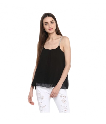Generic Women's Polyester Embellished Shoulder Straps Top (Black)