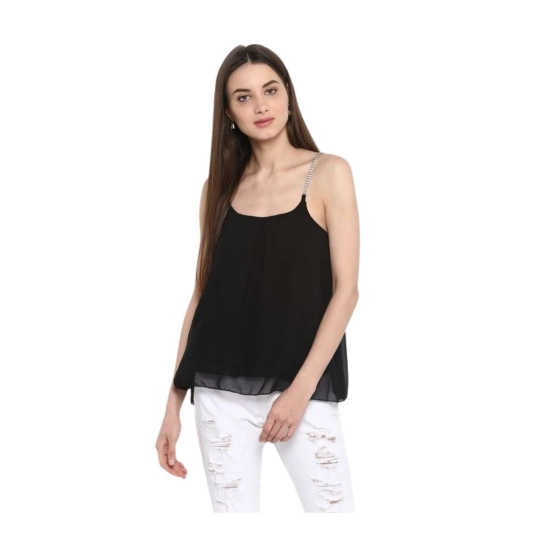 Generic Women's Polyester Embellished Shoulder Straps Top (Black) Generic Women's Polyester Embellished Shoulder Straps Top (Black)
