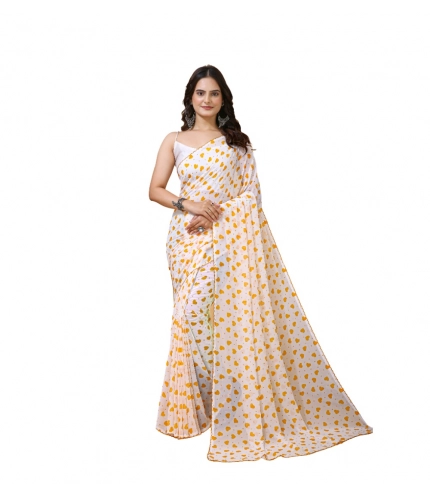 Generic Women's Georgette Printed Saree With Unstitched Blouse 5.5Mtr (White-Yellow)